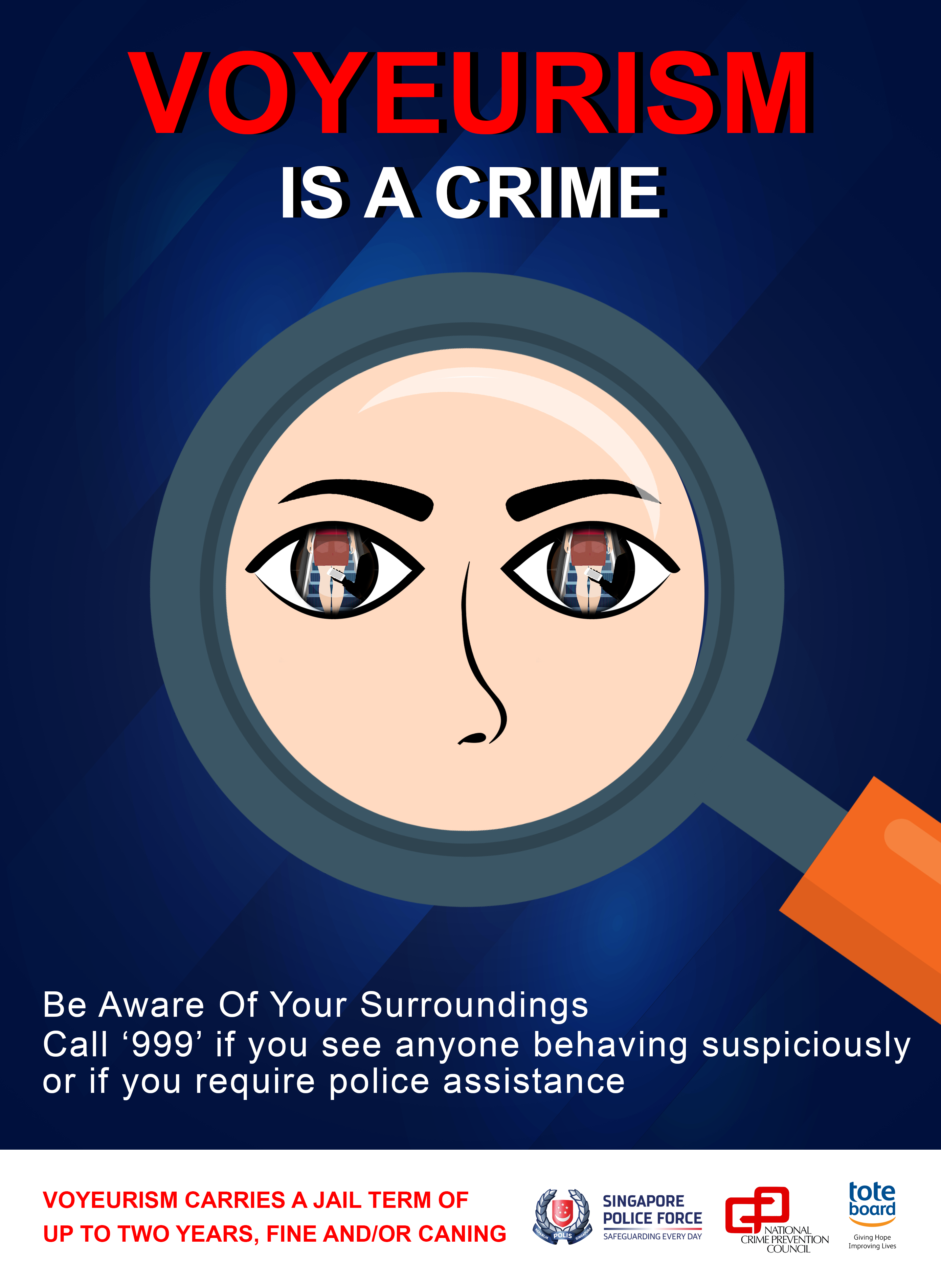 An illustrated crime prevention poster features a magnifying glass focused on a person's eyes, with reflections in the pupils showing an illicit escalator voyeurism scene.